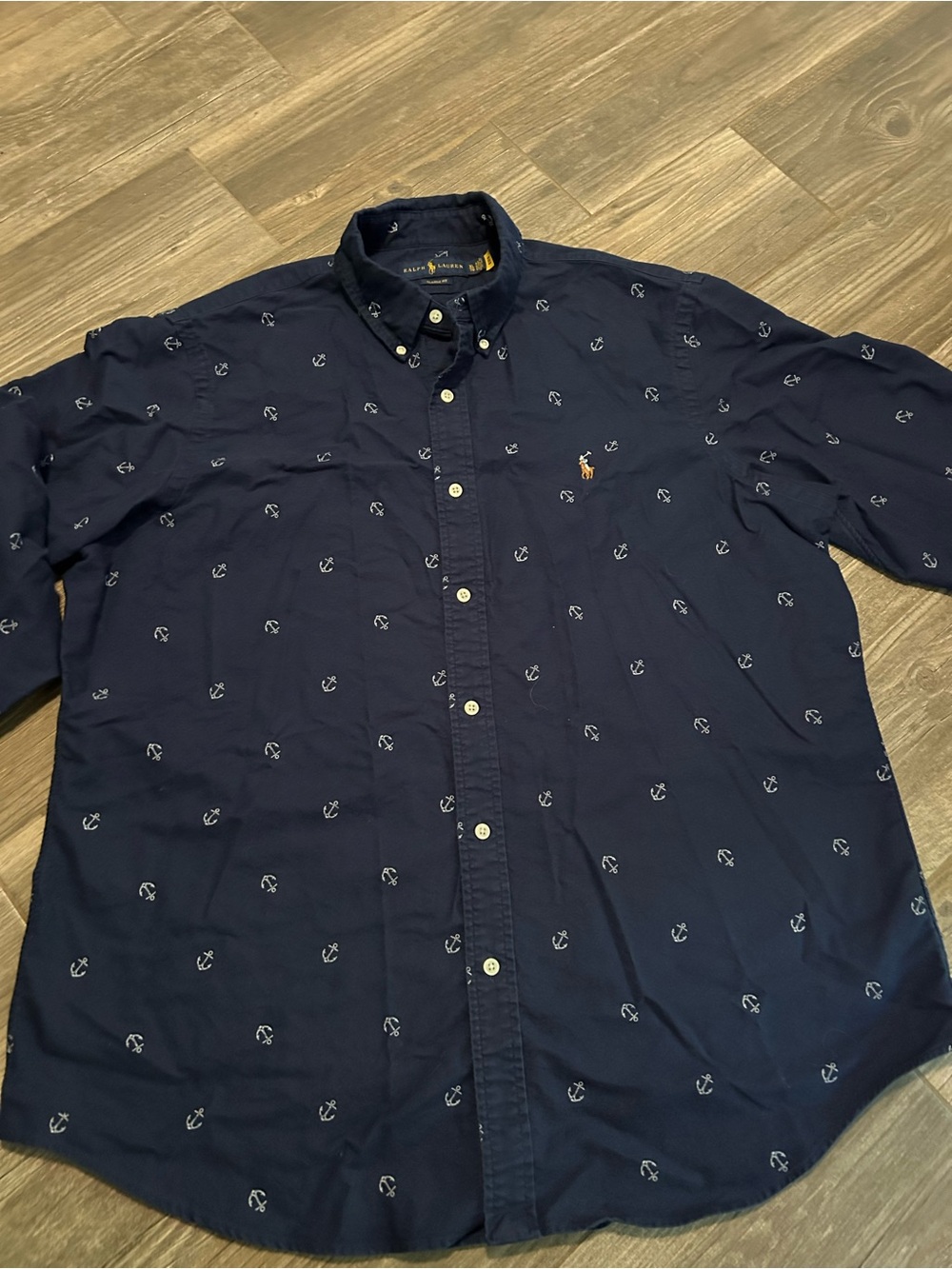 Ralph Lauren Navy Button-Down Shirt with White Anchor Print - Picture 2 of 5